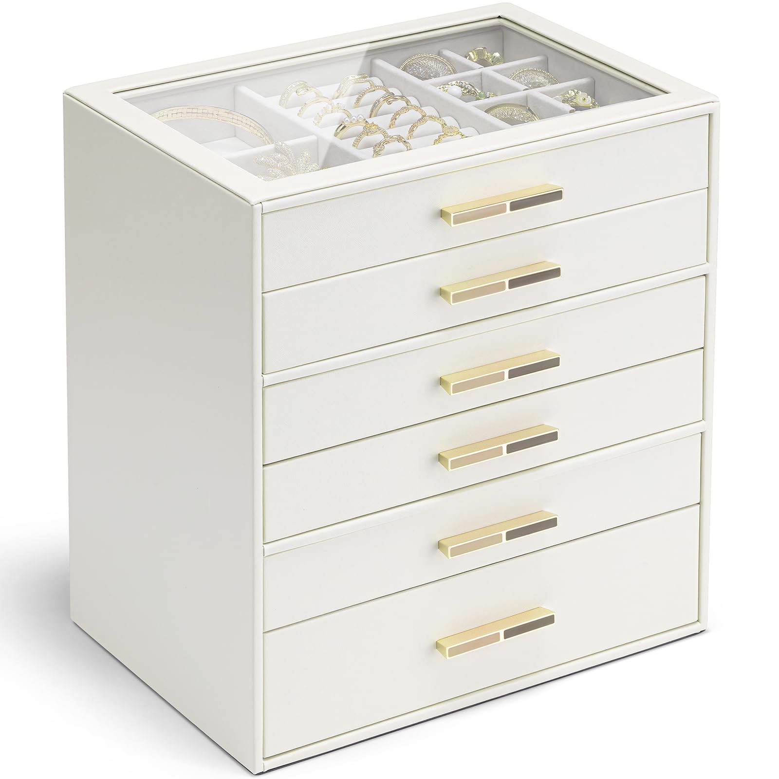 Vlando 6 Layer Jewelry Box for Women, Glass Lid Jewelry Organizer with 6 Drawers for Necklaces Ri... | Amazon (US)