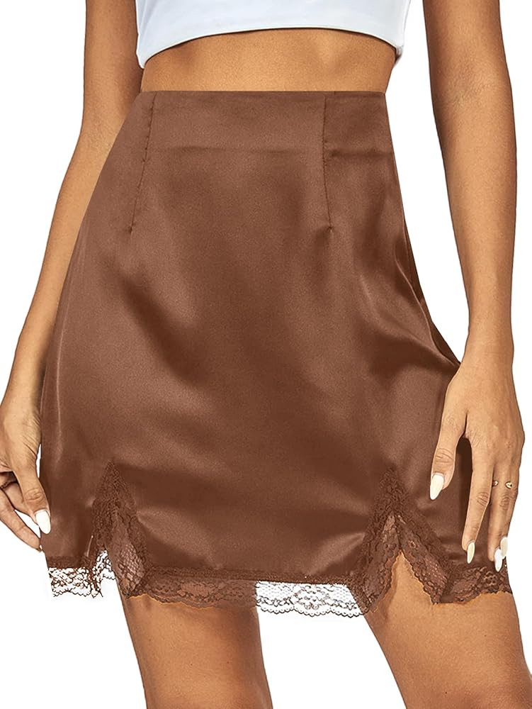 Vrtige Women's Satin Lace Trim High Waist Split Hem Bodycon Mini Short Skirt | Amazon (US)
