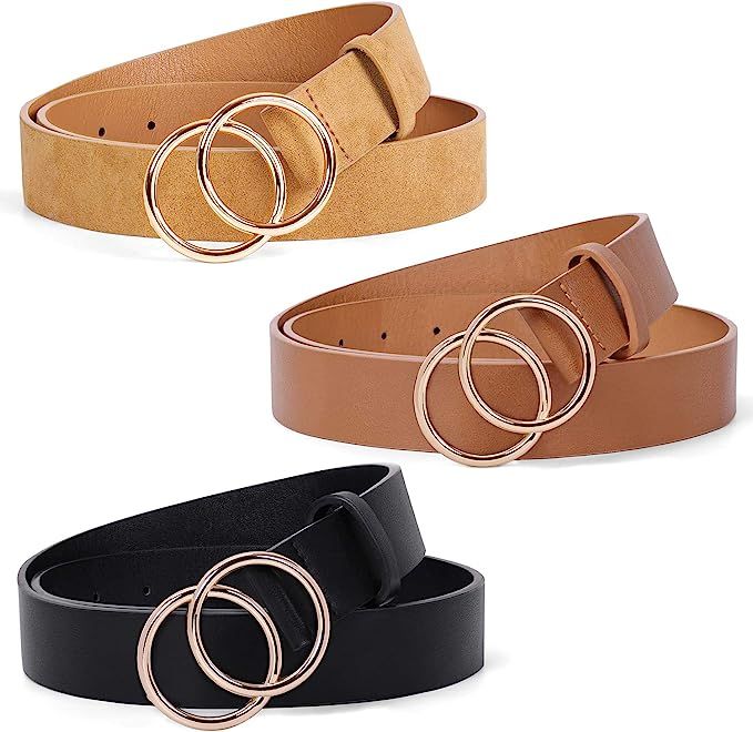 3 Pack Double Ring Belt for Women, Faux Leather Jeans Belts with Golden Circle Buckle | Amazon (US)