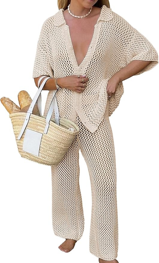 Famulily Womens Sexy Hollow Out Swimsuit Cover Up Sets Button Up Tops and Drawstring Pants 2 Piec... | Amazon (US)