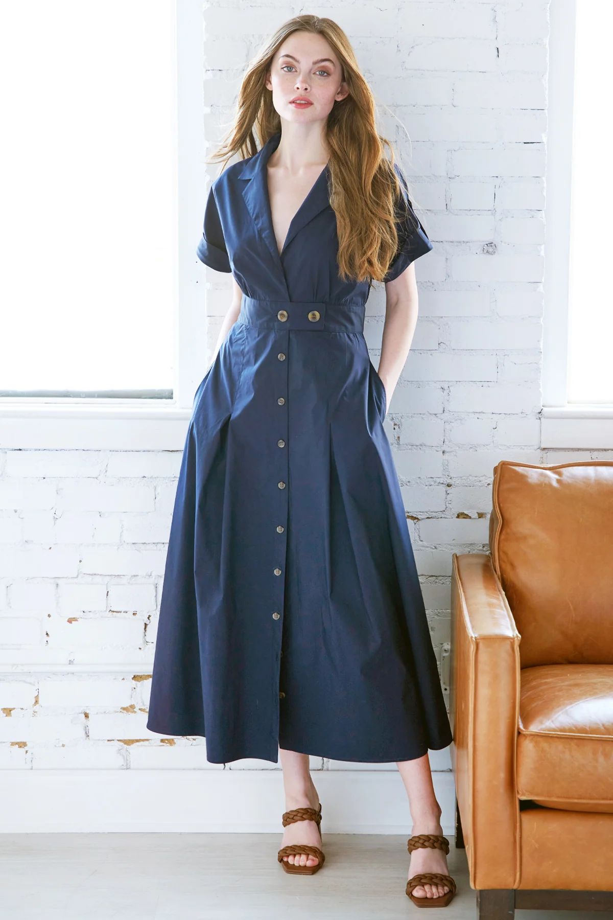 Adele Pleated Shirt Dress Weathercloth Navy | Finley Shirts