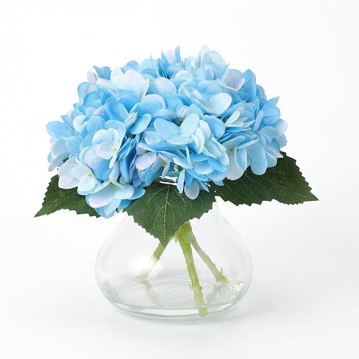 Garvee Blue Faux Hydrangea Flowers with Glass Vase, Silk Artificial Flower Arrangement with Faux ... | Amazon (US)