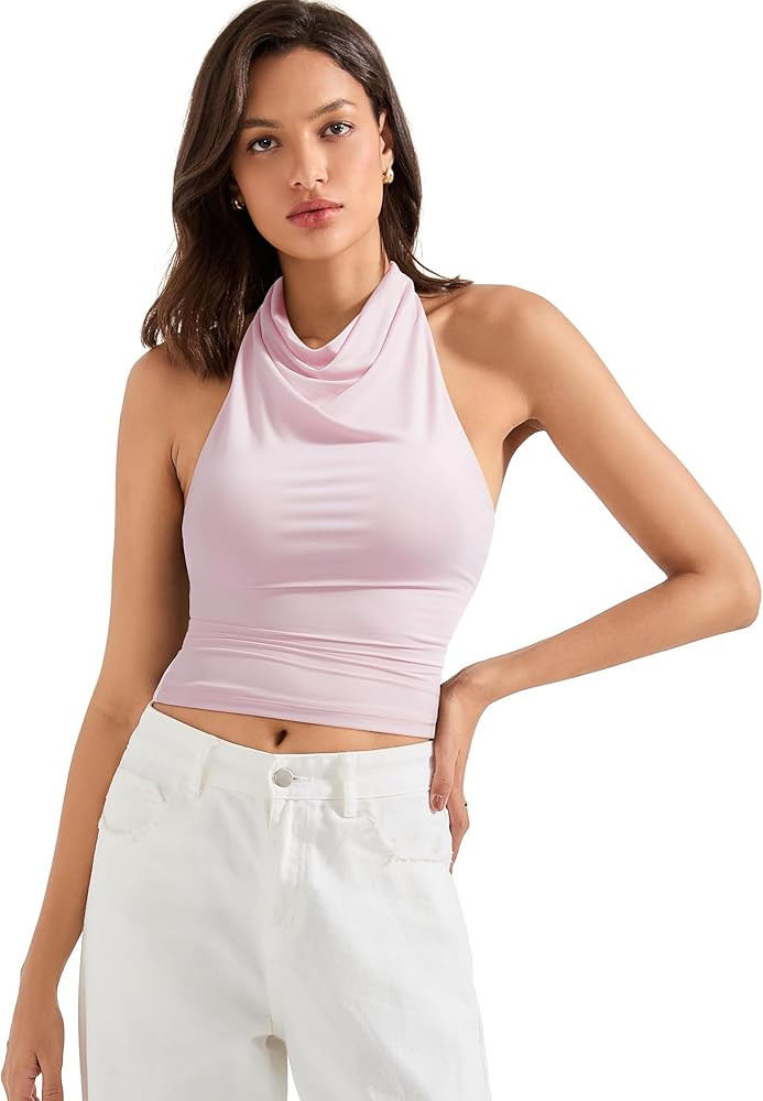 SUUKSESS Women Halter Backless Tank Tops Sexy Cowl Neck Summer Going Out Cami Tops | Amazon (US)