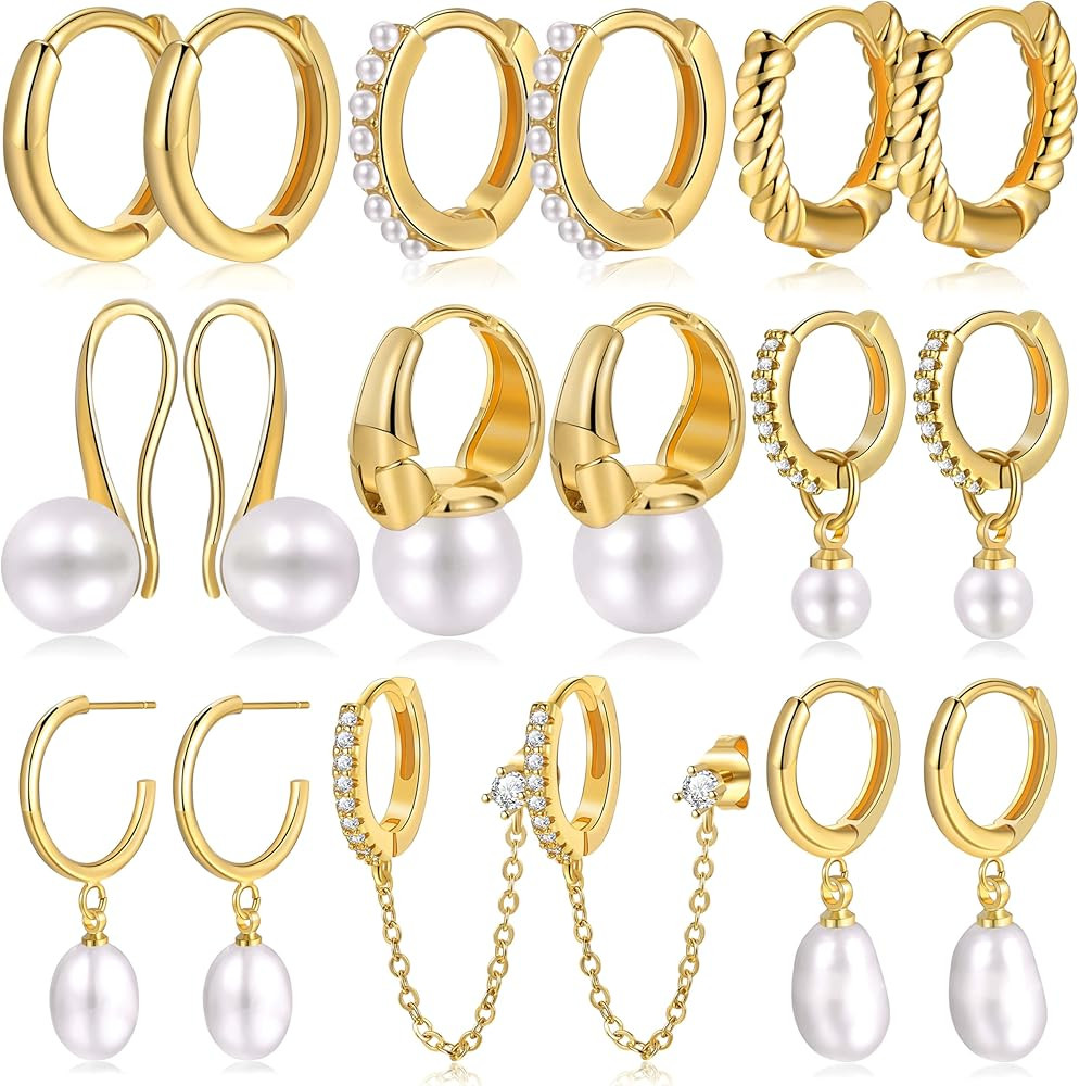 18 Pcs Small Gold Huggie Hoop Earrings for Women, 14K Gold Plated Hypoallergenic Pearl Drop Hoop ... | Amazon (US)