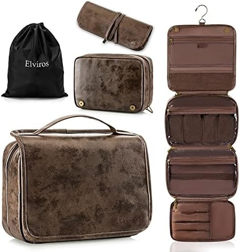 Elviros Hanging Toiletry Bag Removable Travel Bag PU leather Makeup Cosmetic Organizer Kit, Coffe... | Amazon (US)