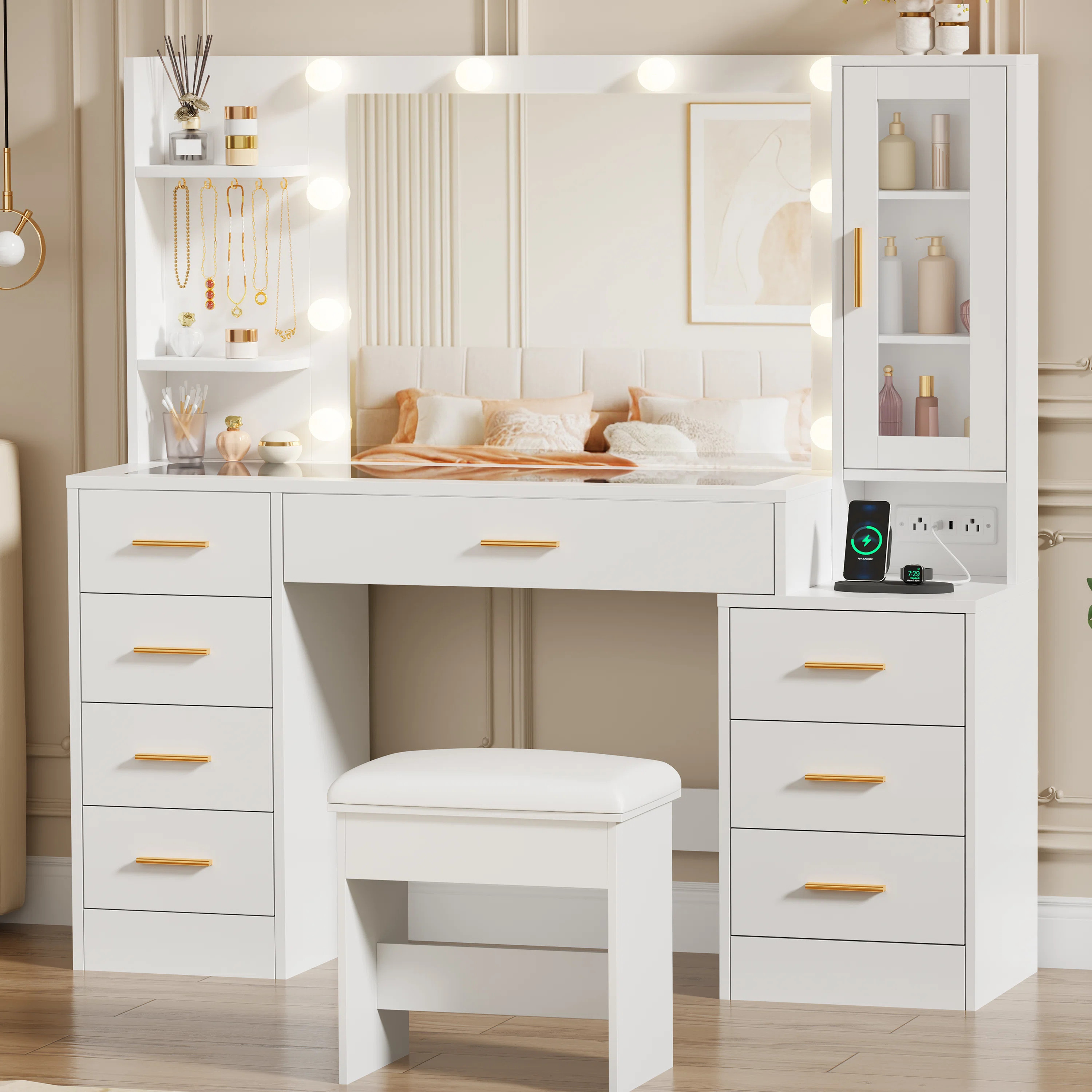 49.2" Makeup Vanity With 8 Drawers & Power Outlet And Glass Top | Wayfair North America