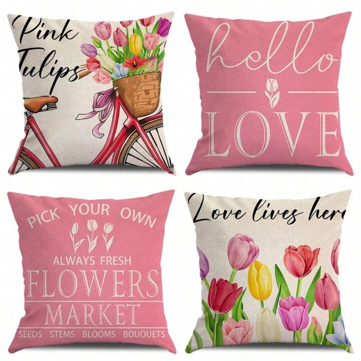 4pcs/Set Hello Love Theme Pink Tulip Bike Pattern Pillowcase 17.7 Inches*17.7 Inches, Seasonal Cu... | SHEIN