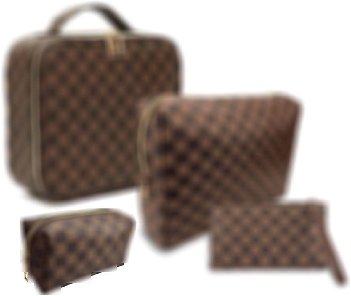 Makeup Bag,4 Pcs Brown Checkered Bags Set,Portable with Adjustable Partition,Large Capacity Pouch... | Amazon (US)