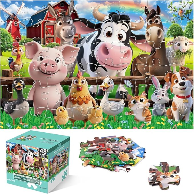 Amazon.com: Jumbo Floor Puzzle for Kids,48 Pieces Farm Animals Puzzles for Toddlers 3-5,Large Bar... | Amazon (US)