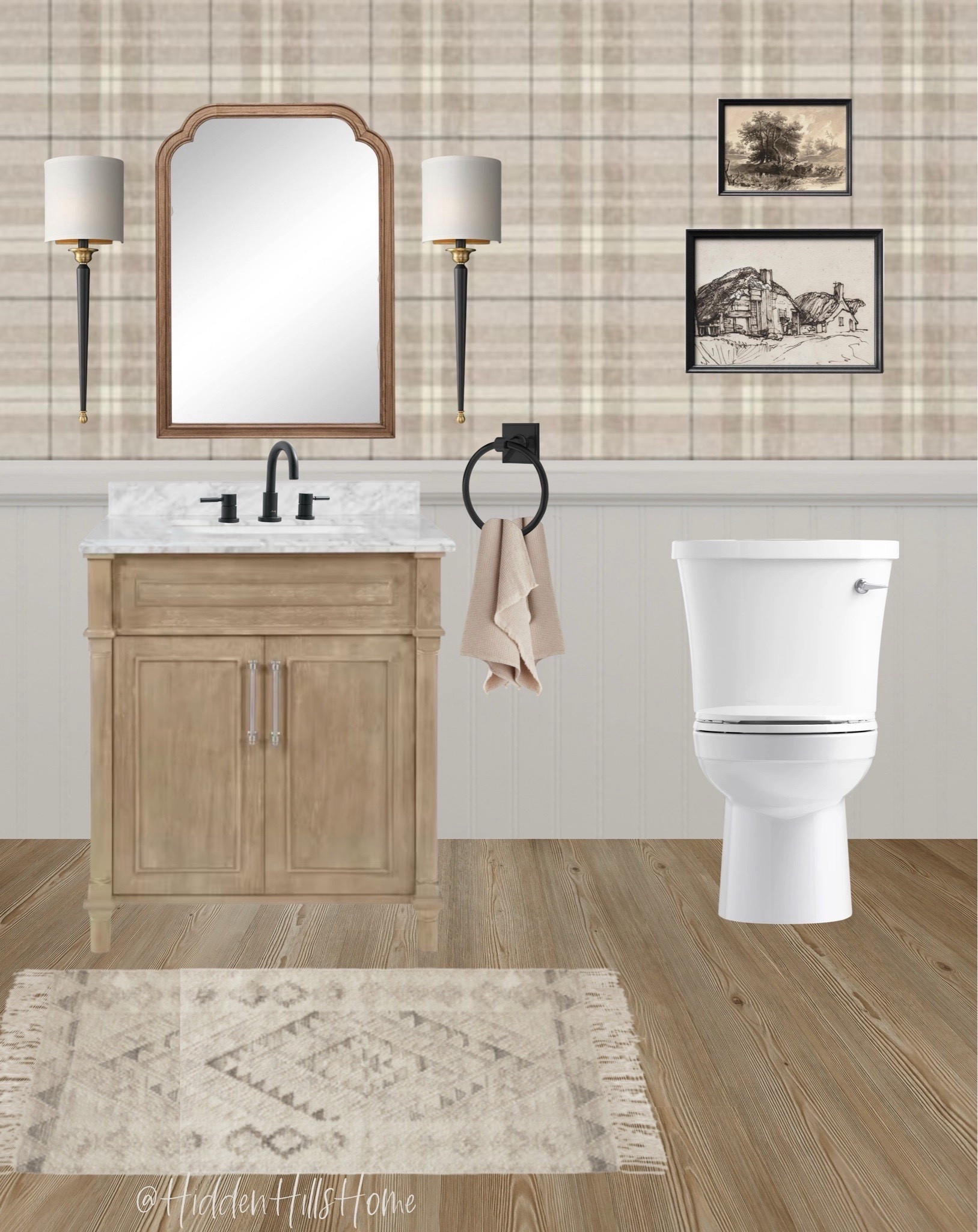 Modern transitional bathroom mood board, powder bath design ideas, plaid wallpaper for bathroom, bathroom design ideas #bath 


#LTKSaleAlert #LTKHome