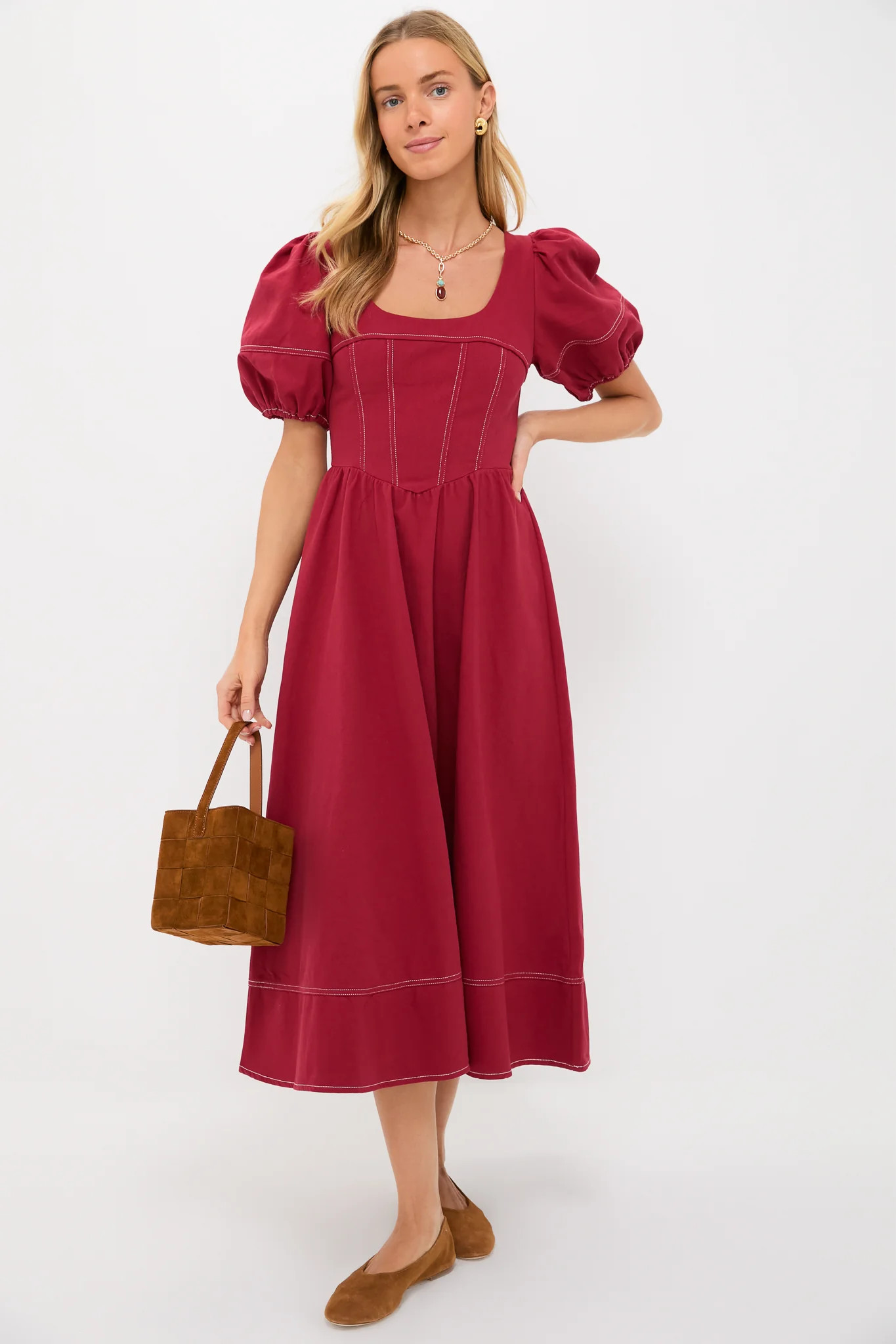 Oxblood Puff Sleeve Midi Dress | Tuckernuck (US)
