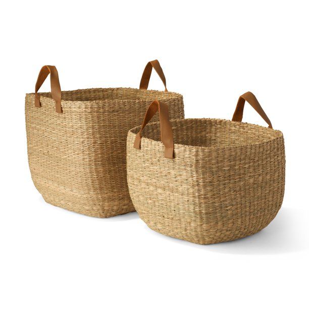 MoDRN Naturals Floppy Seagrass Basket with Leather Handles, Square, Set of 2 | Walmart (US)