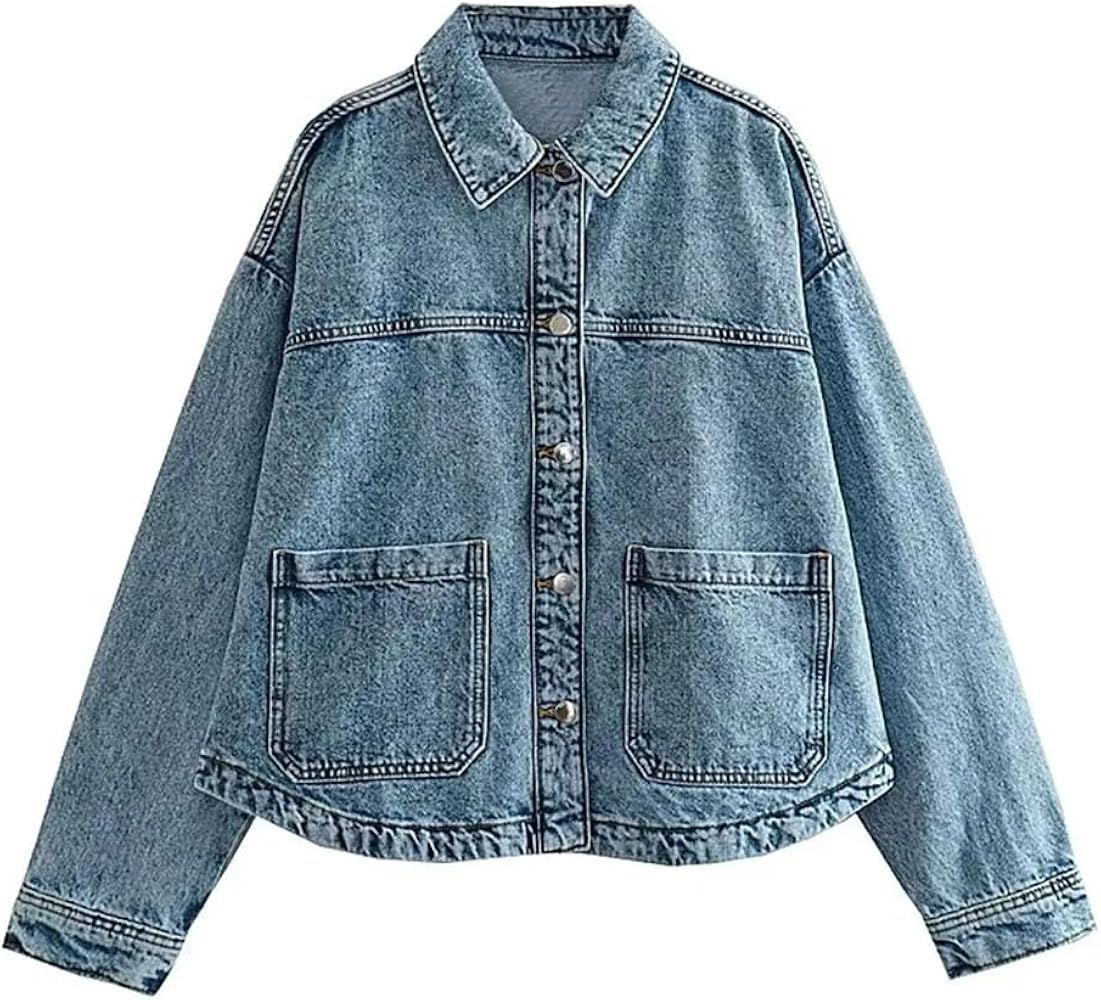 Women Patch Pocket Denim Jacket Coat Female Casual Long Sleeve Loose Outerwear | Amazon (US)