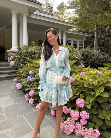 Kat Jamieson of With Love From Kat wears an Alexandre Vauthier blue paisley dress and Kayu mother of pearl clutch. 

#LTKtravel #LTKSeasonal