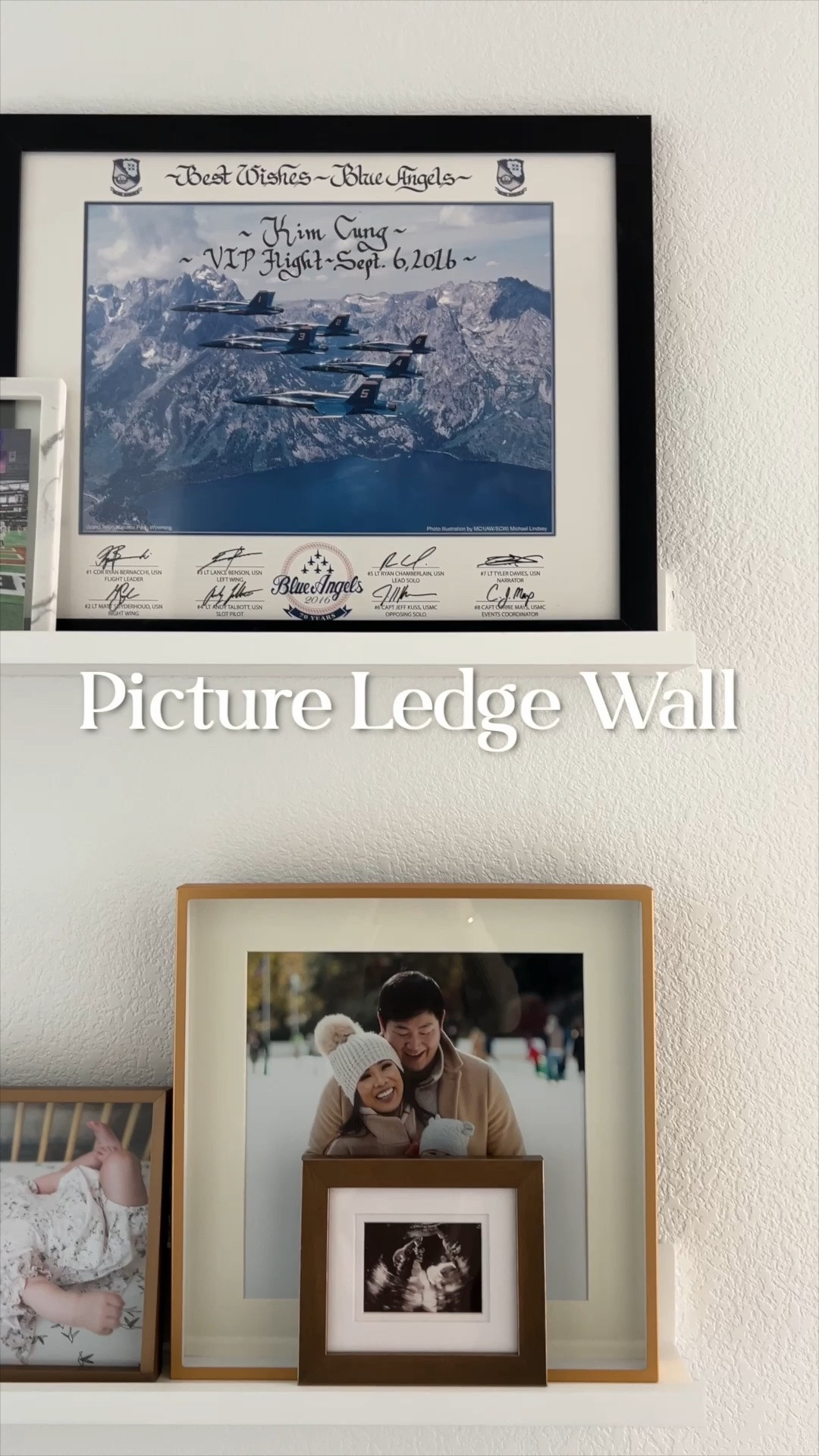 Gallery wall for family photos with a picture ledge! We have two of these and love them for the hallway to display photos! These square frames are stunning and we mix and match the sizes.

#LTKHome