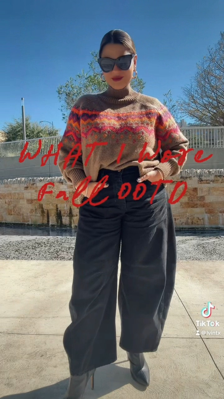 Fall has finally arrived 🍂 so you know I had to pull out my favorite Halloween-y fair isle sweater 🎃 paired with (you guessed it) my go-to black barrel jeans. I swear these go with everything! Out here soaking up this perfect fall weather while it lasts ☕🧡 #FallFashion #OOTD #FallStyle #FreePeopleBarrelJeans #CozyVibes #PresentNotPerfect