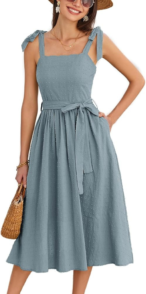 GRACE KARIN Women's 2024 Summer Midi Dress Casual Sleeveless Spaghetti Strap Smocked A Line Long ... | Amazon (US)