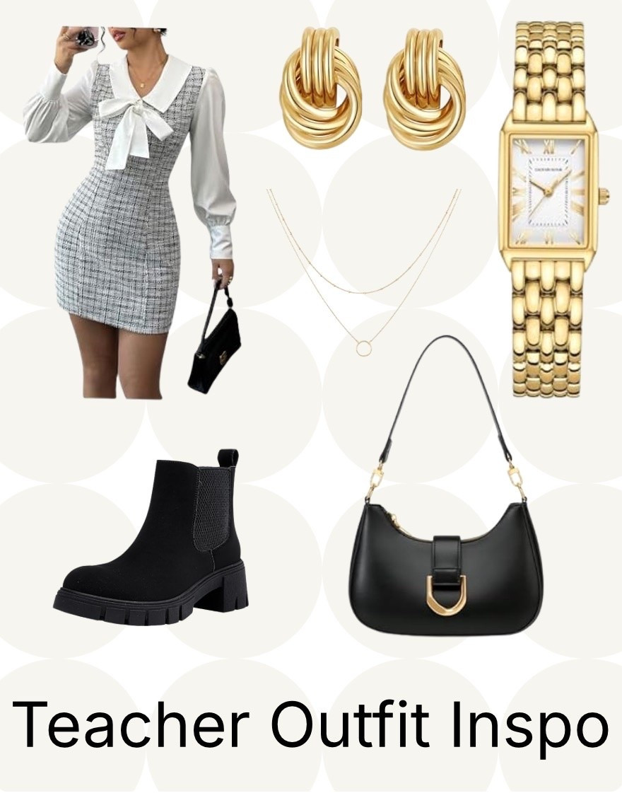 Classic teacher style with a fall twist. 🍂 This tweed jumper dress looks so cute with chunky Chelsea boots and simple gold accessories. Everything is linked in my LTK! #LTK #teacherstyle #fallfashion #backtoschool #affiliate

#LTKWorkwear #LTKootd #LTKSaleAlert