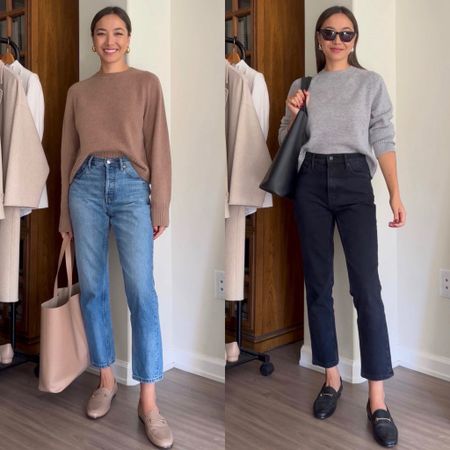 Smart casual workwear outfits 

Everlane cashmere sweaters xs 
Original cheeky jeans - I recommend sizing down one 
Loafers 
Leather tote 
Hoop earrings 

#LTKstyletip #LTKworkwear