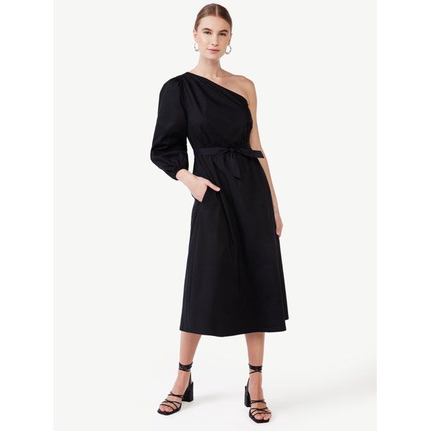 Scoop Women's One Shoulder Poplin Midi Dress, Sizes XS-XXL | Walmart (US)