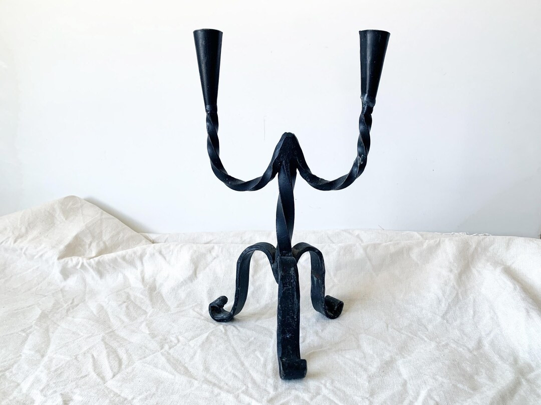 Hand Forged Iron Dual Candle Holder, Vintage Wrought Iron Black Taper Holder With Twisted Stems -... | Etsy (US)