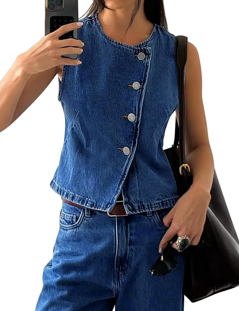 Womens Denim Vest Tops Sleeveless Jean Vest Button Down Denim Tank Tops Casual Waistcoat | Amazon (US)