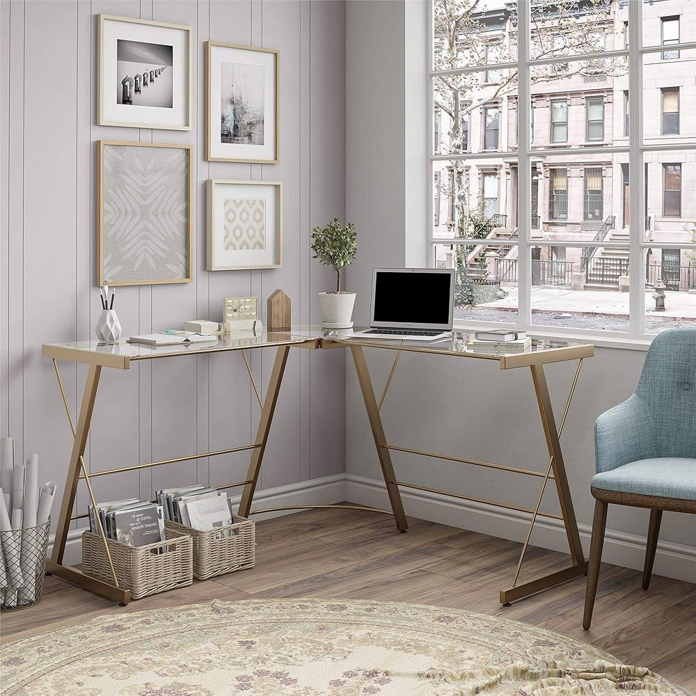 Ameriwood Home Odin Glass L-Shaped Computer, Gold Desk | Amazon (US)