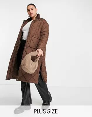 Violet Romance Plus longline diamond quilt puffer coat with funnel neck in chocolate brown | ASOS (Global)