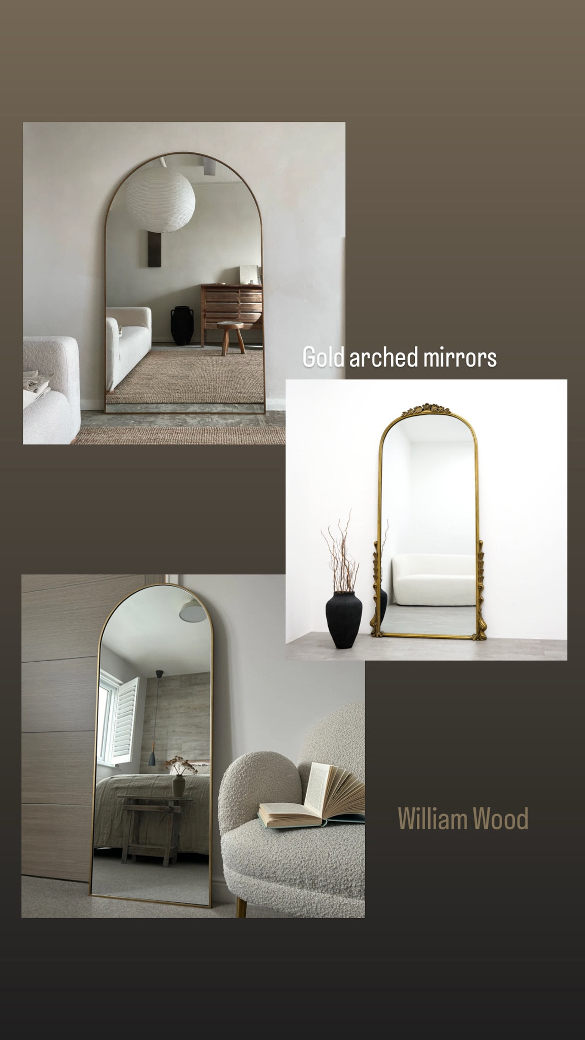 Gold arched mirrors 

Loving the arched mirrors in gold 🤎

William Wood floor mirrors in a gold metal finish - code HOH for 20% discount (excluding sale items )