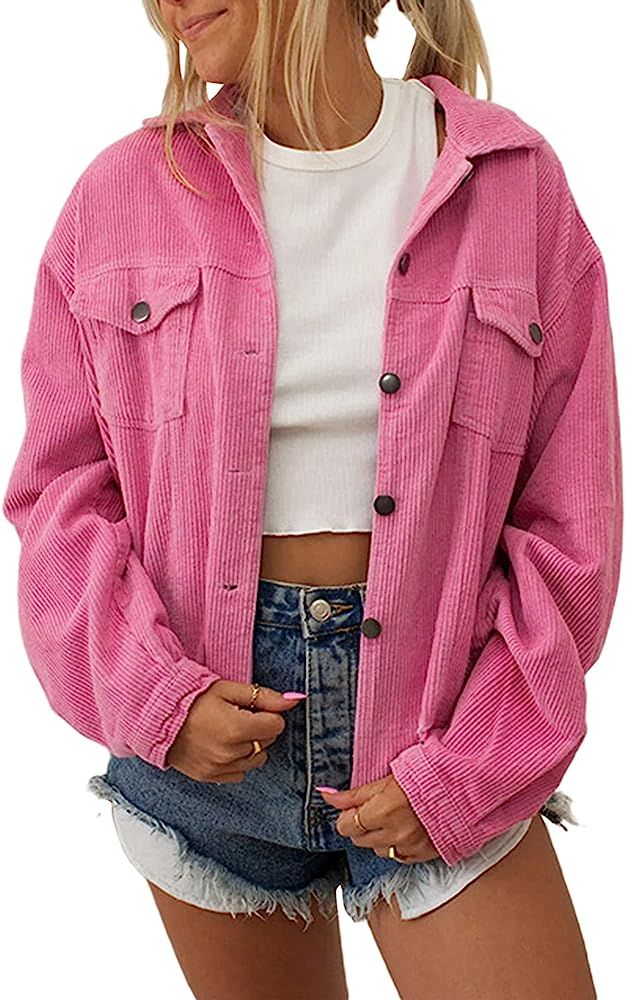 Franhais Womens Retro Corduroy Shirts Long Sleeve Button Down Shirt Casual Oversized Shacket Jack... | Amazon (US)