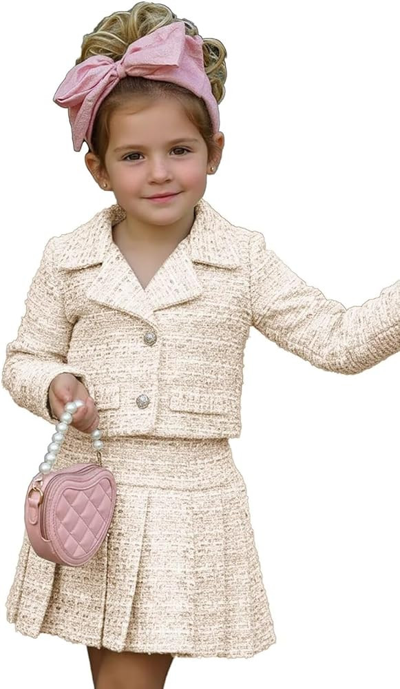 Girls 2 Piece Outfits Tweed Button Down Long Sleeve Jacket and High Waisted Mini Skirt Set | Amazon (US)