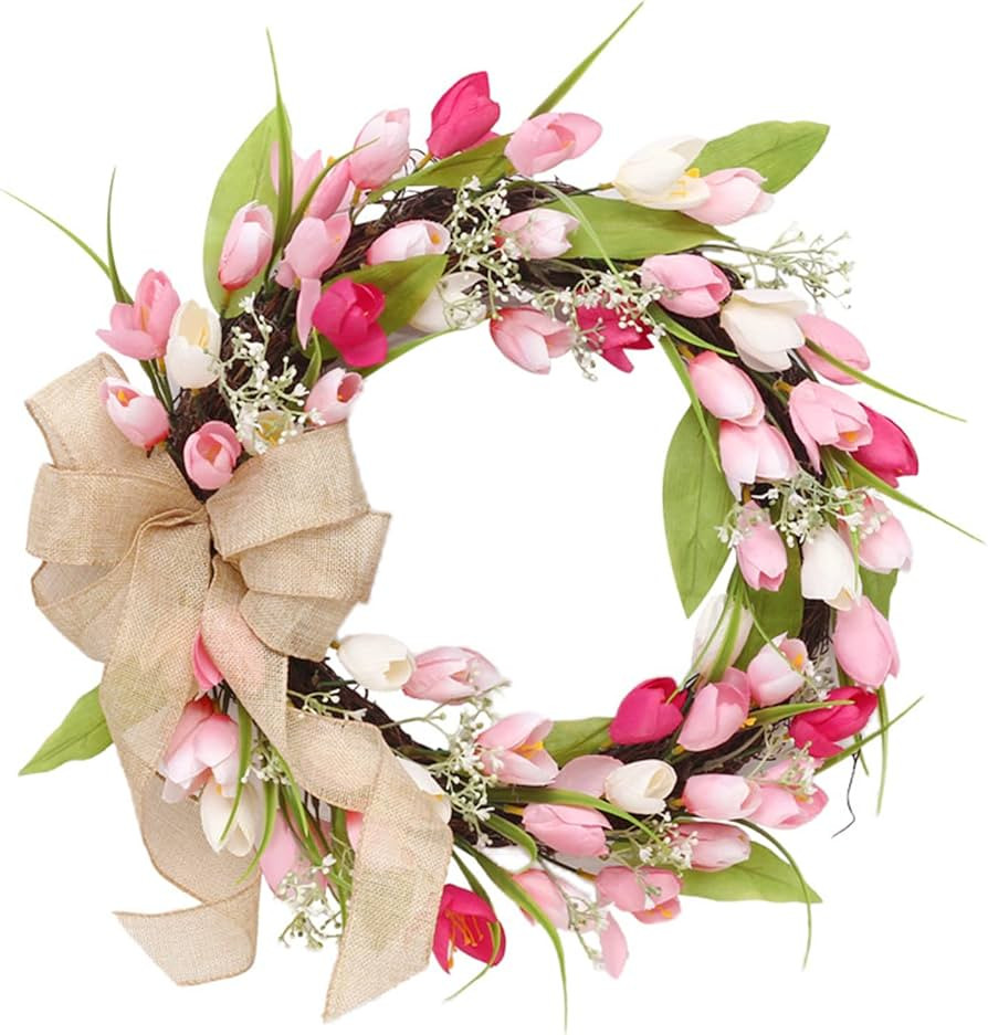 ZXCFTG 18 Inch Tulip Wreaths, Tulip Door Wreath Artificial Tulip Flower Wreath Spring Silk Flower... | Amazon (US)