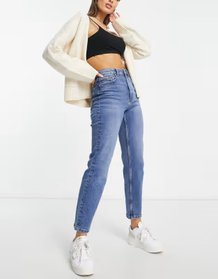 Stradivarius organic cotton slim mom jean with stretch in medium blue | ASOS (Global)