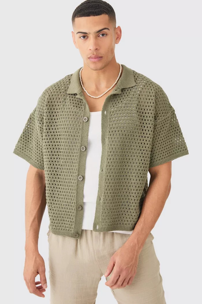 Oversized Boxy Textured Open Stitch Knit Shirt In Khaki | boohoo (US & Canada)