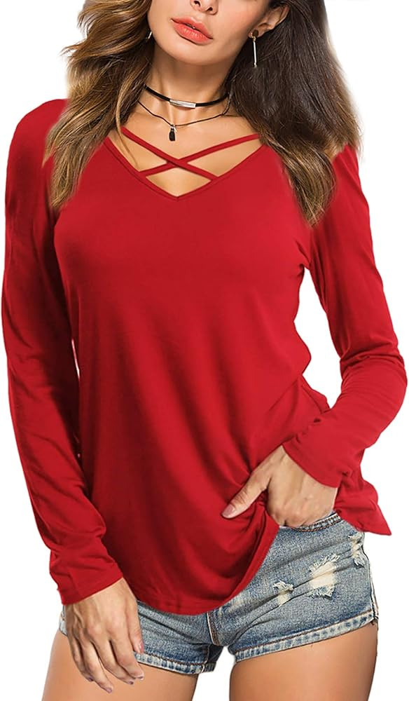 Amoretu Womens Casual V Neck Short/Long Sleeve Criss Cross T-Shirt Blouse Tops | Amazon (US)