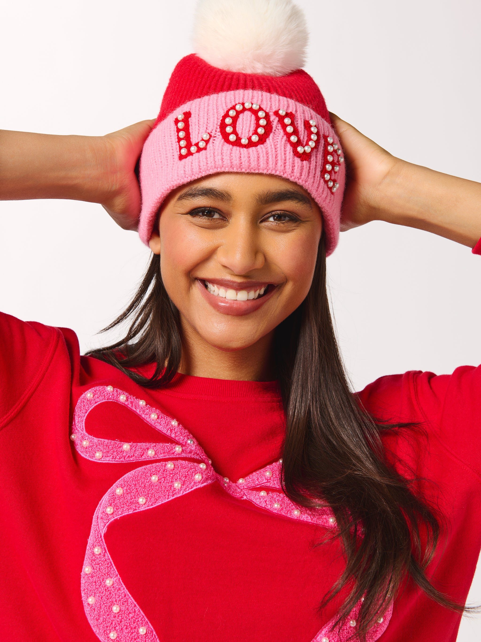 Shiraleah "Love" Beanie with Pearls, Red | Shiraleah
