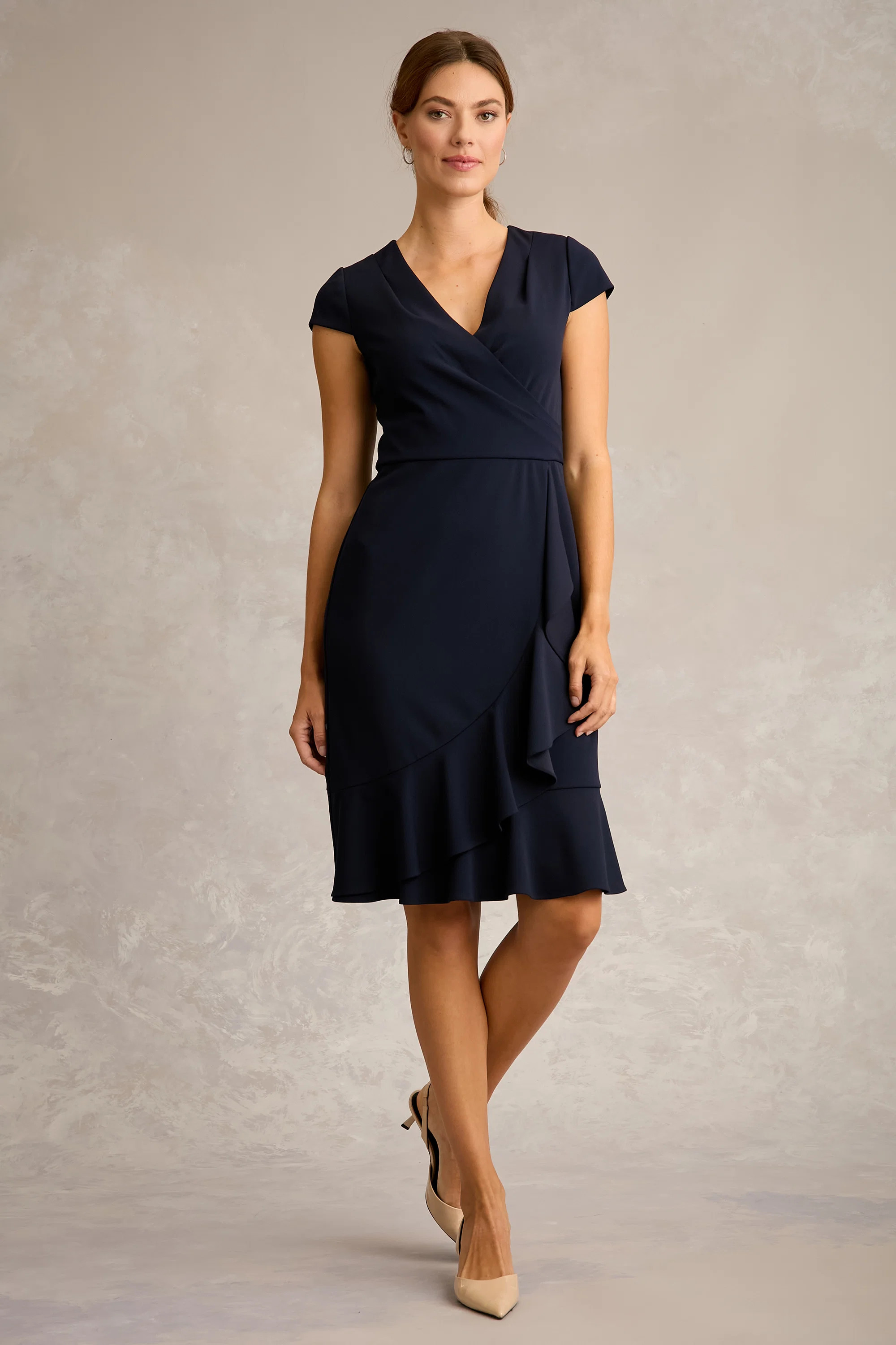 CAP SLV WRAP WITH CASCADE RUFFLE | Maggy London