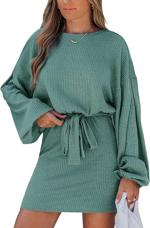 CUPSHE Women's Knit Mini Dresses Lantern Long Sleeve Casual Belted Back Tie Vacation Cocktail Dre... | Amazon (US)