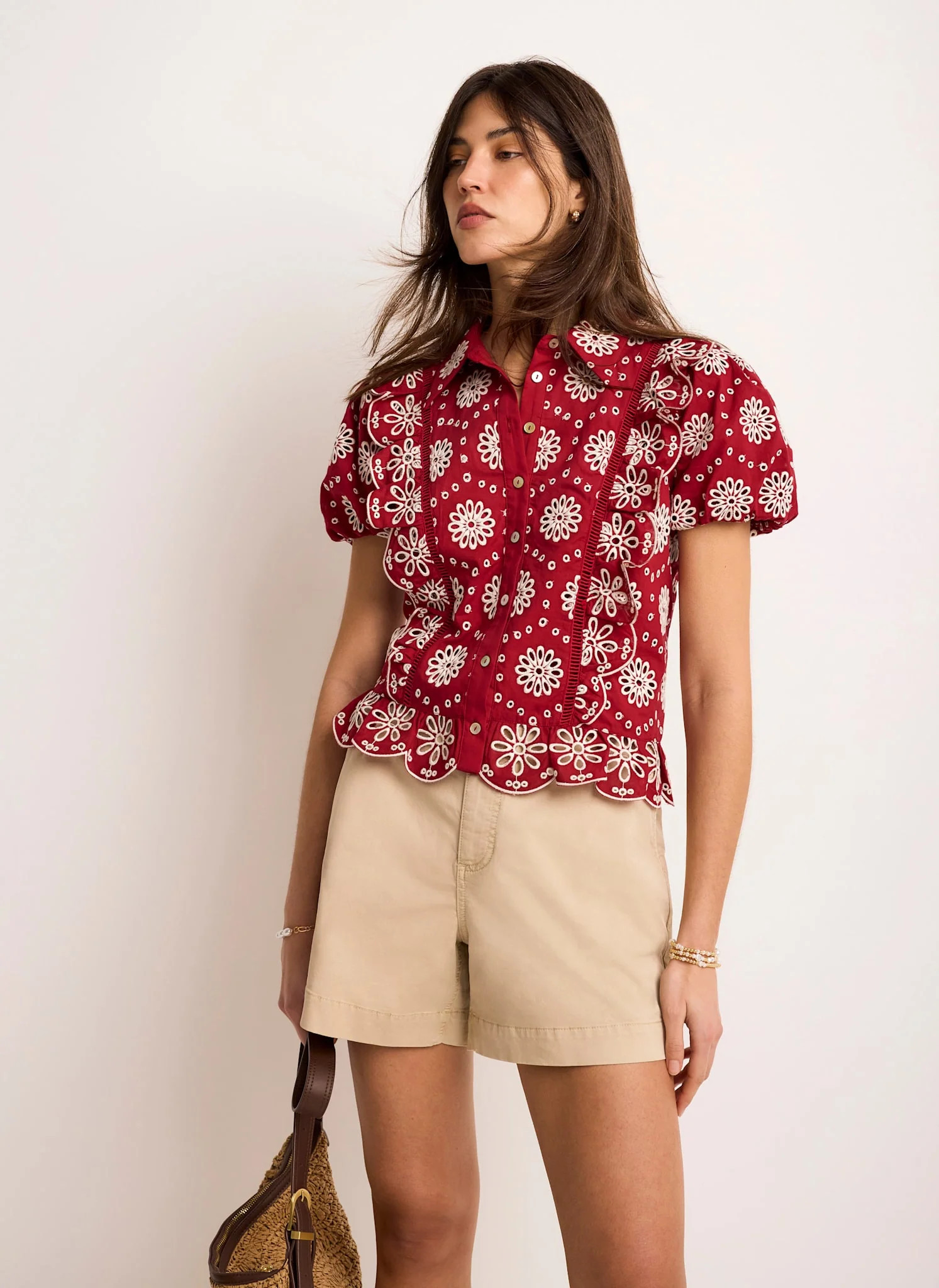 Red Cotton Broderie Detail Shirt | Mint Velvet