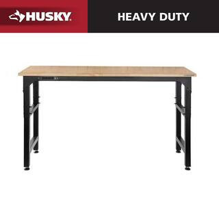76 in. W x 23 in. D x 34.75 in. H Adjustable Height Black Workbench with Solid Wood Top | The Home Depot