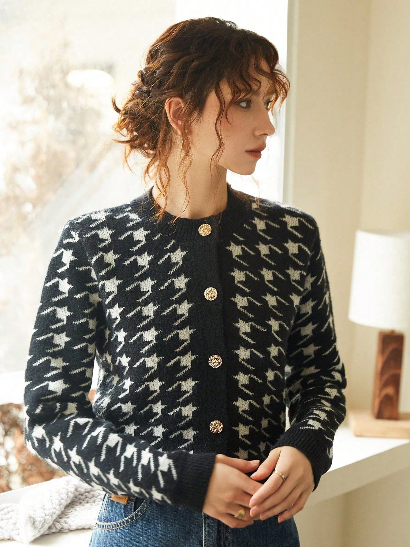 Knit Mix Women'S Open Front Short Cropped Cardigan With Houndstooth Pattern | SHEIN