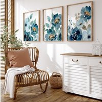 Navy Blue Flower Wall Art - Watercolor Yellow Floral, Living Room Set Of 3 Artwork Wc | Etsy (US)