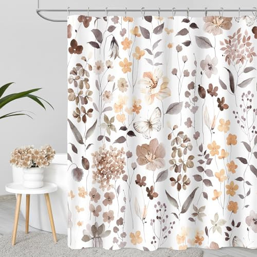 MAYZUS Brown Floral Shower Curtain, Fall Flower Fabric Shower Curtains for Bathroom, Taupe Wildflower Butterfly Cloth Shower Curtain Set with Hooks, 72x72 | Amazon (US)