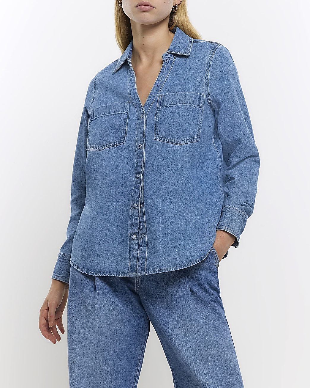 Petite blue long sleeve denim shirt | River Island (UK & IE)