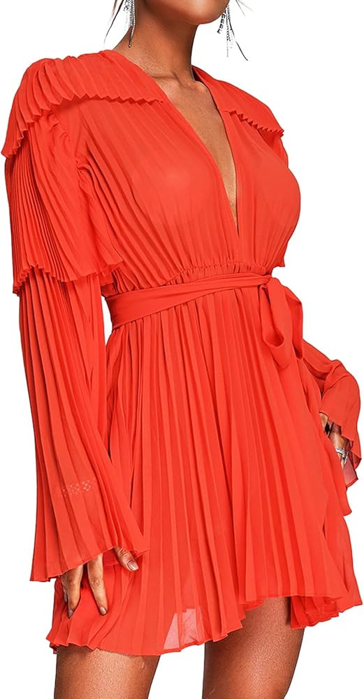 Fashion Mini Orange Chiffon Trendy Pleated Dress Sexy with Long Flare Cocktail Dress | Amazon (US)