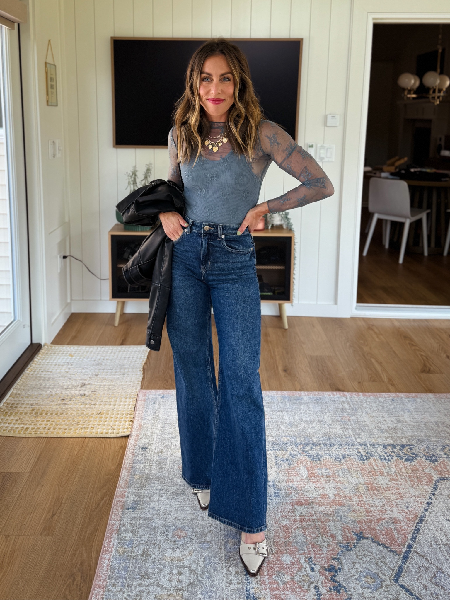 Lace top: xs
Dusty blue tank: xs
Jeans: 2 (size up one ☝🏼)
Heels: fit TTS 
Leather moto: xs

#LTKFindsUnder50 #LTKStyleTip #LTKOver40