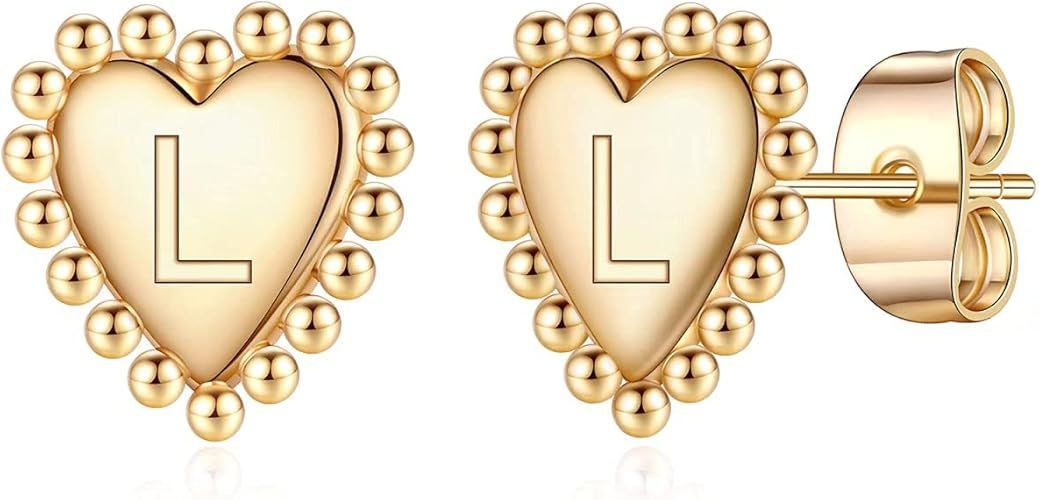 Initial Stud Earrings for Girls, S925 Sterling Silver Post Alphabet Heart Disc Hexagon Earrings G... | Amazon (US)