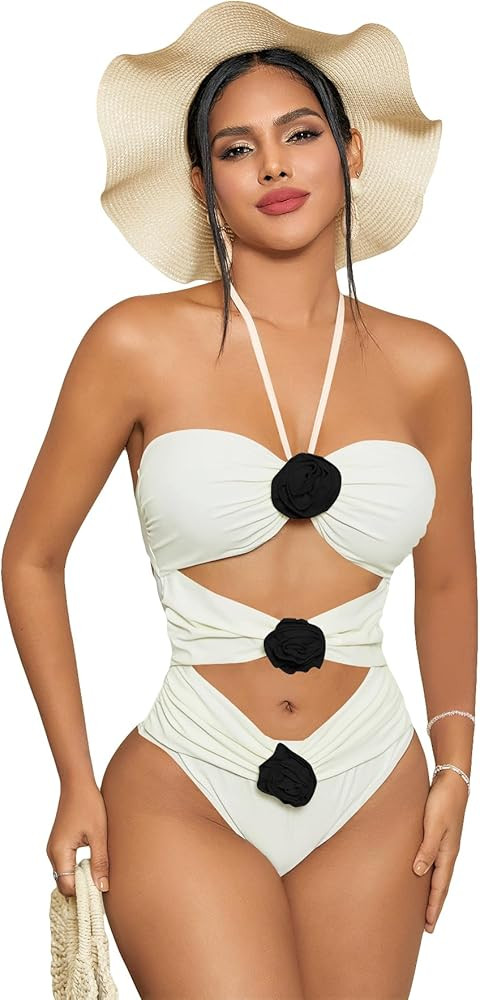 Women's Halter Neck 3D Flower Decoration Sexy One-Piece Cut Out Swimsuit Bathing Suit | Amazon (US)