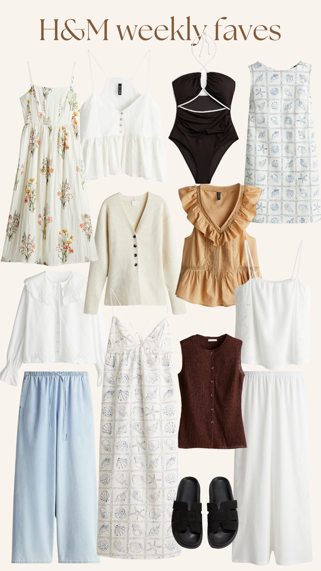 H&M Weekly Favourites, Spring Collection, Spring Outfit, Summer Outfit,  Maxi Dress, Strappy Top, Sandals, Denim Trousers, Swimsuit 

 #LTKuk #LTKspring #LTKsummer