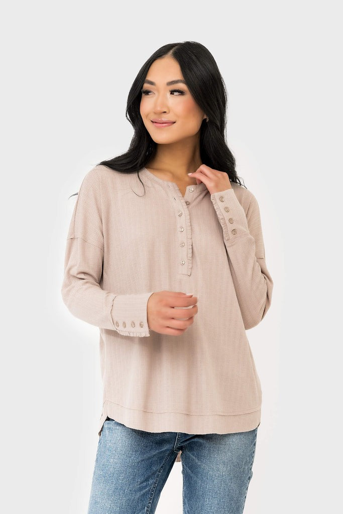 Ruffle Trim Pointelle Knit Henley Top | Gibson